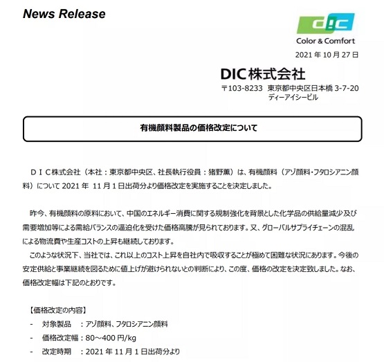 DIC顏料售價(jià)漲幅為80-400日元/kg