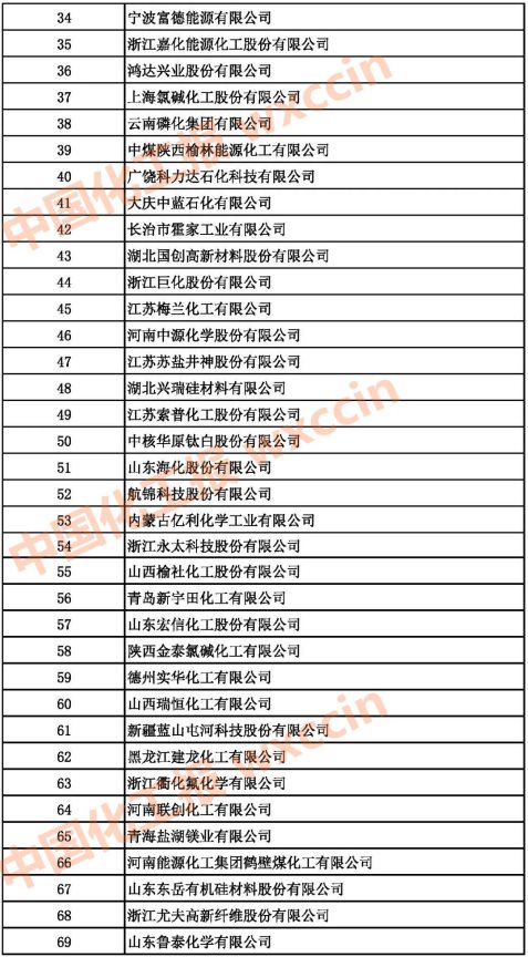 2021中國基礎化學原料制造業(yè)百強企業(yè)34-69強