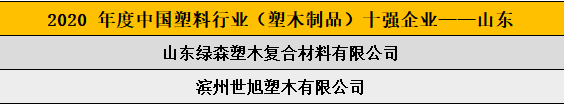 2020 年度中國塑料行業(yè)（塑木制品）十強(qiáng)企業(yè)——山東