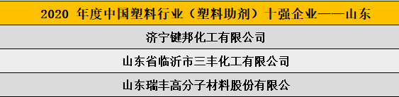 2020 年度中國塑料行業(yè)（塑料助劑）十強(qiáng)企業(yè)——山東