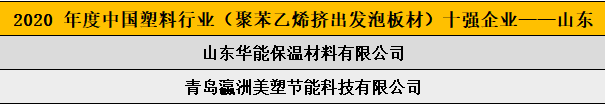 2020 年度中國塑料行業(yè)（聚苯乙烯擠出發(fā)泡板材）十強(qiáng)企業(yè)——山東