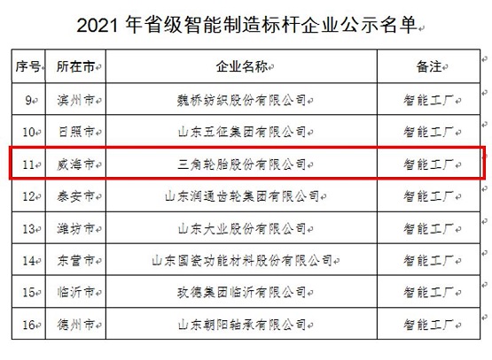 三角輪胎入選2021年度“山東省智能制造標桿企業(yè)”