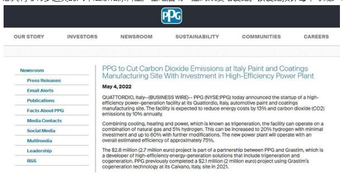 PPG將通過(guò)投資高效電廠來(lái)減少意大利涂料生產(chǎn)基地的二氧化碳排放
