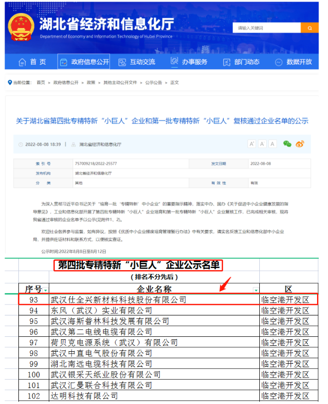 武漢仕全興榮獲國家級專精特新“小巨人”企業(yè)稱號