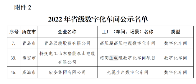 青島漢纜、特變電工山東魯能泰山電纜、宏安集團(tuán)入選2022年省級(jí)數(shù)字化車間公示名單