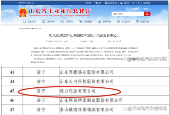 5月23日，山東省工業(yè)和信息化廳公布“2022年山東省技術(shù)創(chuàng)新示范企業(yè)”擬認定名單，通力輪胎赫然在列。