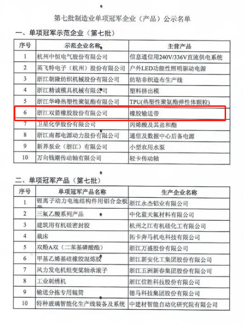 第七批制造業(yè)單項冠軍企業(yè)公示名單中包括浙江雙箭橡膠股份有限公司