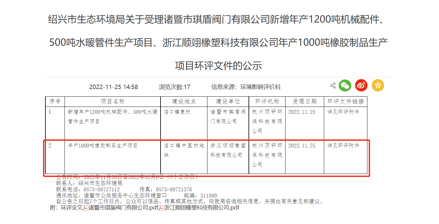 浙江順翊橡塑科技有限公司年產(chǎn)1000噸橡膠制品生產(chǎn)項(xiàng)目環(huán)評(píng)文件，對(duì)外公示。