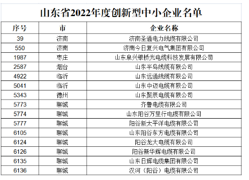 多家電線電纜企業(yè)被評為“山東省2022年度創(chuàng)新型中小企業(yè)”