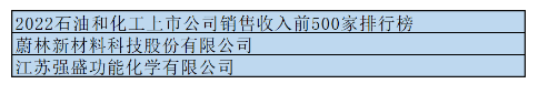 　3.共有兩家助劑企業(yè)榮登2022石油和化工上市公司銷售收入前500家排行榜