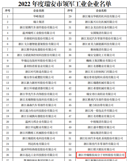 中瑞橡膠榮獲“2022年瑞安市領(lǐng)軍型工業(yè)企業(yè)”榮譽(yù)稱號(hào)