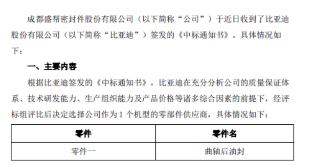 盛幫股份宣布，其子公司成都盛幫密封件股份有限公司近日收到了比亞迪股份有限公司的中標(biāo)通知書，將為比亞迪一款機(jī)型提供曲軸后油封零部件。