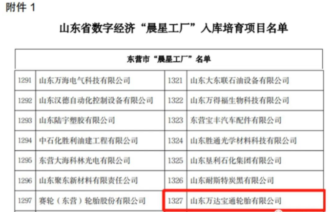 山東省工業(yè)和信息化廳近日發(fā)布了《關(guān)于開(kāi)展數(shù)字經(jīng)濟(jì)“晨星工廠”入庫(kù)培育工作的通知》。山東萬(wàn)達(dá)寶通輪胎有限公司憑借其先進(jìn)的生產(chǎn)制造技術(shù)和產(chǎn)業(yè)智能化系統(tǒng)的優(yōu)勢(shì)，成功入選該計(jì)劃。這也是該公司為推動(dòng)數(shù)字經(jīng)濟(jì)發(fā)展，加快傳統(tǒng)制造業(yè)數(shù)字化、智能化轉(zhuǎn)型升級(jí)工作所獲得的又一榮譽(yù)。