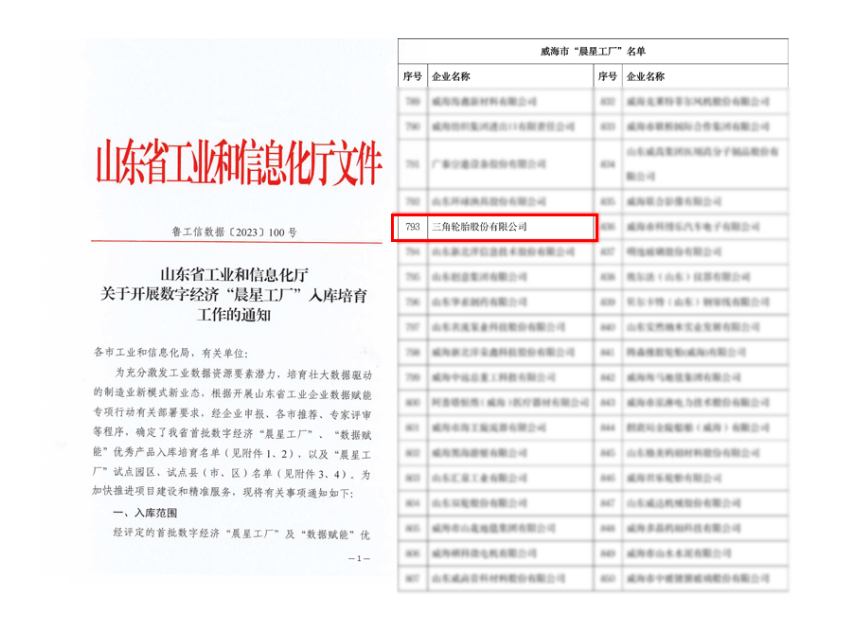 數(shù)字化升級成果顯著，三角輪胎榮登山東省“晨星工廠”