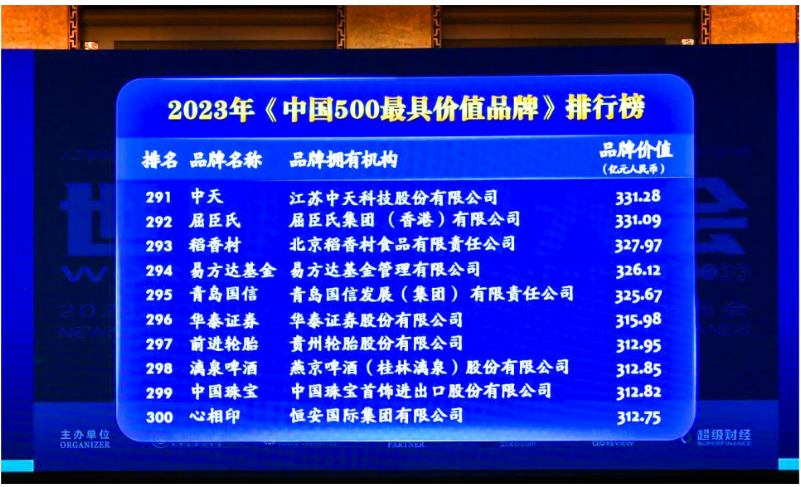 貴州輪胎前進(jìn)品牌以312.95億元人民幣的價(jià)值位列2023年(第二十屆)中國(guó)500最具價(jià)值品牌第297名。與去年相比，貴州輪胎前進(jìn)品牌的品牌價(jià)值增加了42.3億元人民幣，進(jìn)一步鞏固了其在國(guó)內(nèi)市場(chǎng)的地位，并成功進(jìn)軍國(guó)際化品牌陣營(yíng)。