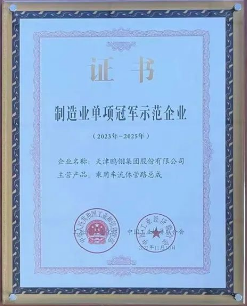 鵬翎集團憑借其在乘用車流體管路領域的卓越貢獻，成功入選為“第七批國家級制造業(yè)單項冠軍示范企業(yè)”。