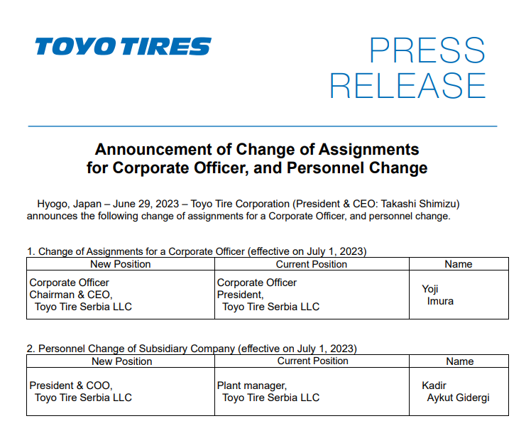東洋輪胎塞爾維亞工廠宣布兩項重要任命