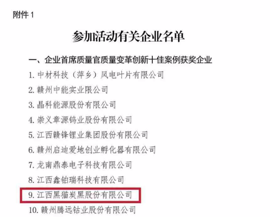 江西省贛市監(jiān)辦質(zhì)函〔2023〕4號發(fā)布了首屆企業(yè)首席質(zhì)量官“十佳”創(chuàng)新案例評選的結(jié)果。在這項評選中，黑貓股份憑借其卓越的質(zhì)量改革創(chuàng)新成績榮獲江西省質(zhì)量改革創(chuàng)新“十佳”案例獎項。