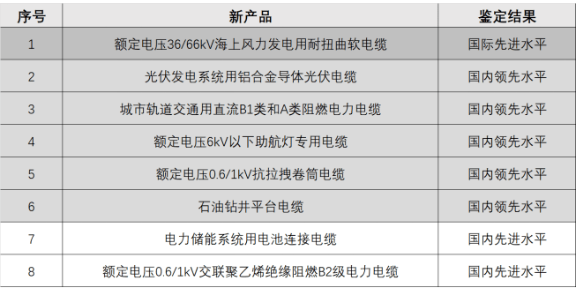 新疆維吾爾自治區(qū)工信廳科技質(zhì)量處副處長陳捷在開工典禮上對新纜廠自主研發(fā)的8款創(chuàng)新產(chǎn)品技術(shù)進(jìn)行了權(quán)威鑒定。據(jù)了解，其中一款名為“額定電壓36/66千伏海上風(fēng)力發(fā)電用耐扭曲軟電纜”的產(chǎn)品達(dá)到了國際先進(jìn)水平。此外，還有名為“鋁合金芯光伏線”和“儲能系統(tǒng)用電池連接電纜”的7款產(chǎn)品達(dá)到了國內(nèi)先進(jìn)水平。