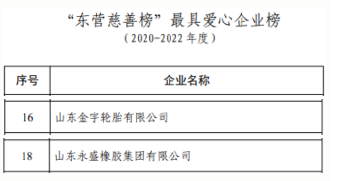 與此同時，金宇輪胎和永盛橡膠還榜上有名，入選了東營市最具愛心企業(yè)榜，這反映出這些企業(yè)在社會公益事業(yè)上的積極參與和貢獻。